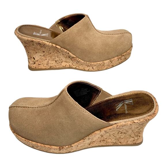 NEW White Mountain Suede Clogs Colleen Tan Cork Wedge Heels Size 7 - Picture 3 of 8